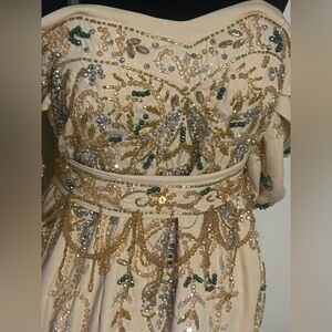 Embellished Cream Dress with Gold and Green Accents